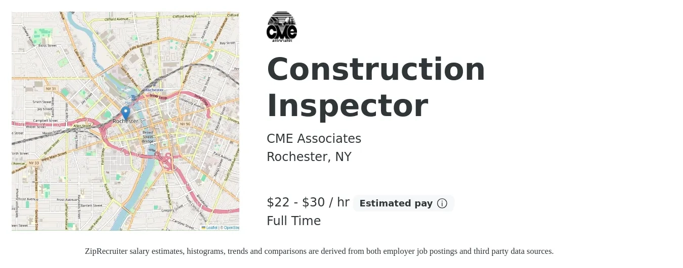 CME Associates job posting for a Construction Inspector in Rochester, NY with a salary of $23 to $32 Hourly with a map of Rochester location.