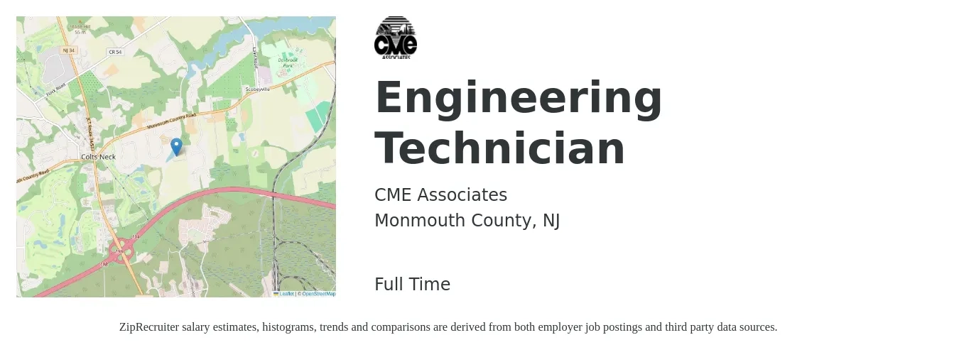 CME Associates job posting for a Engineering Technician in Monmouth County, NJ with a salary of $47,400 to $72,600 Yearly with a map of Monmouth County location.