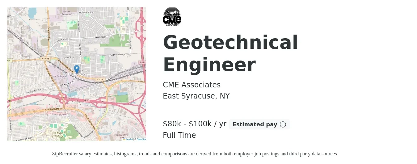 CME Associates job posting for a Geotechnical Engineer in East Syracuse, NY with a salary of $80,000 to $100,000 Yearly with a map of East Syracuse location.