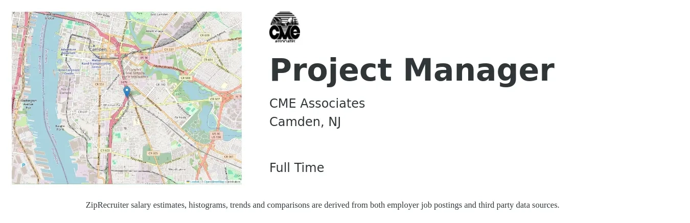 CME Associates job posting for a Project Manager in Camden, NJ with a salary of $79,200 to $124,100 Yearly with a map of Camden location.