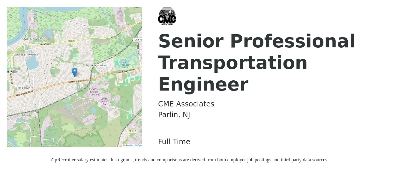 CME Associates job posting for a Senior Professional Transportation Engineer in Parlin, NJ with a salary of $107,600 to $147,800 Yearly with a map of Parlin location.