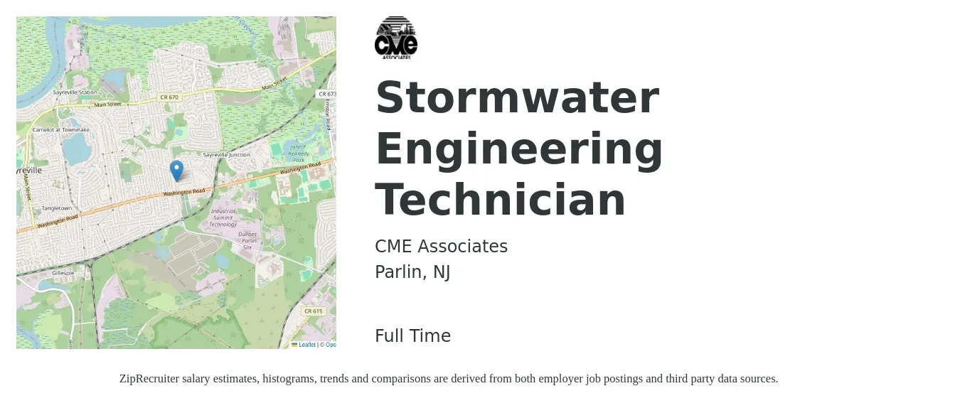 CME Associates job posting for a Stormwater Engineering Technician in Parlin, NJ with a salary of $48,400 to $74,100 Yearly with a map of Parlin location.