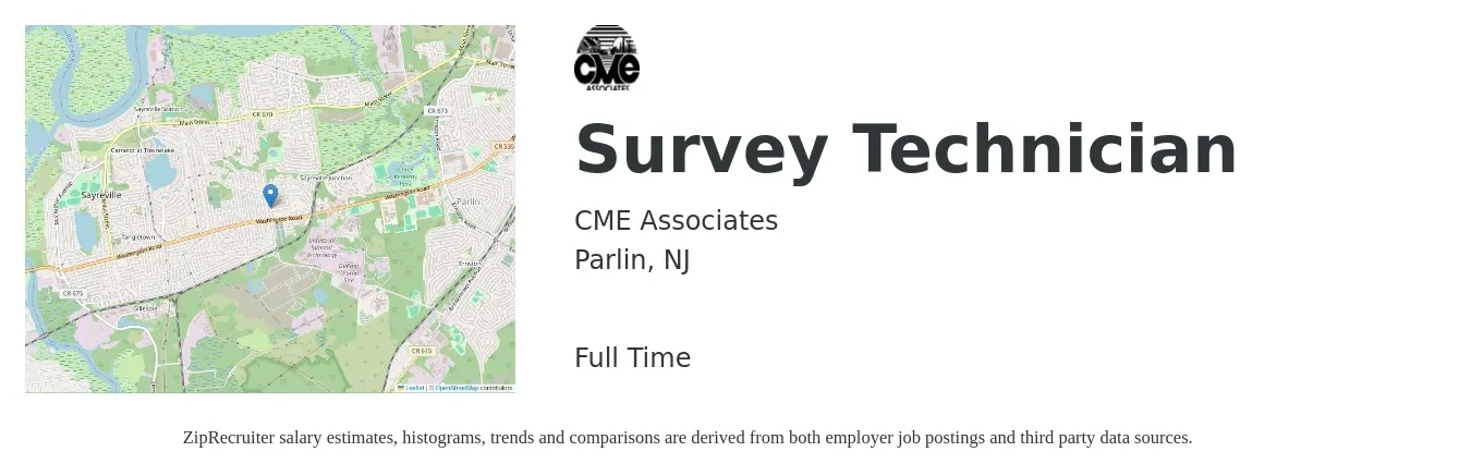 CME Associates job posting for a Survey Technician in Parlin, NJ with a salary of $40,200 to $60,200 Yearly with a map of Parlin location.