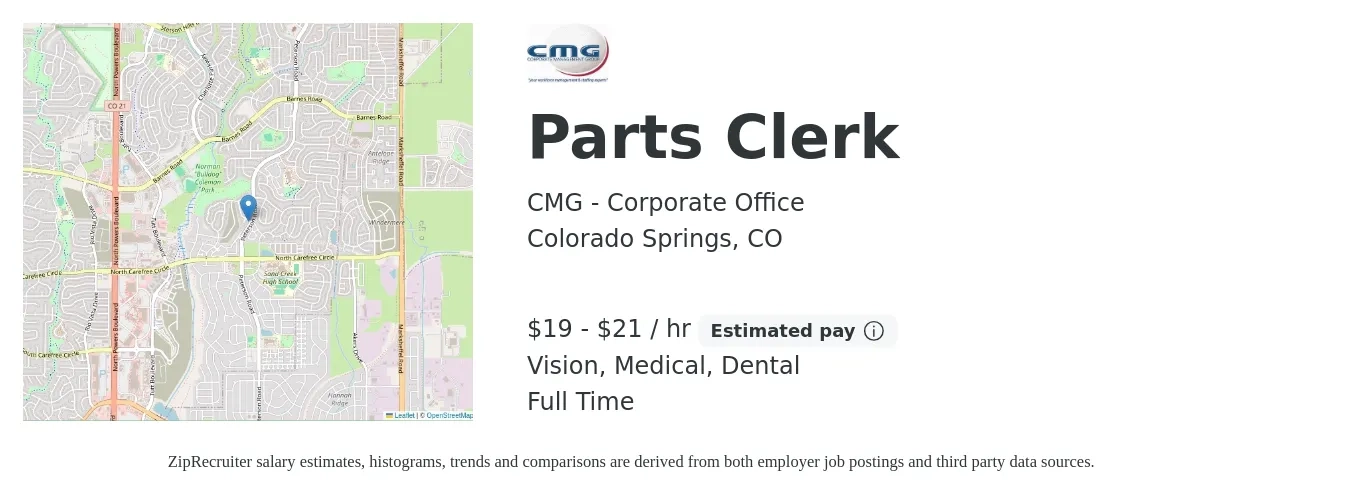 CMG - Corporate Office job posting for a Parts Clerk in Colorado Springs, CO with a salary of $20 to $22 Hourly and benefits including medical, pto, retirement, vision, dental, and life_insurance with a map of Colorado Springs location.