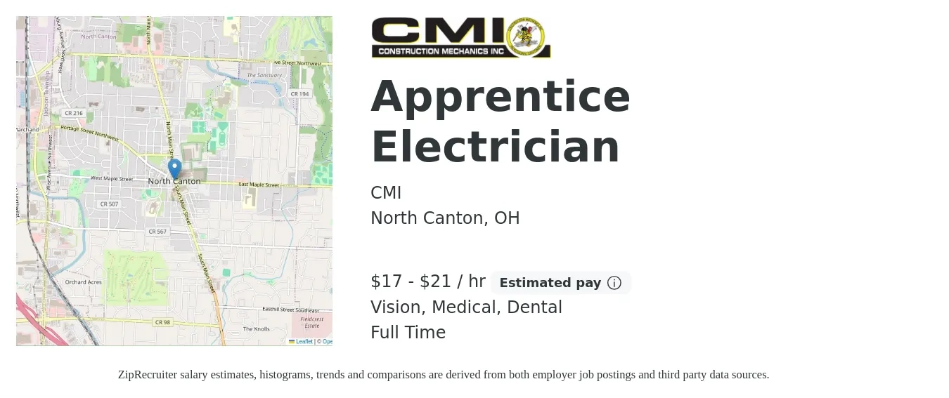 CMI job posting for a Apprentice Electrician in North Canton, OH with a salary of $18 to $22 Hourly and benefits including medical, vision, dental, and life_insurance with a map of North Canton location.
