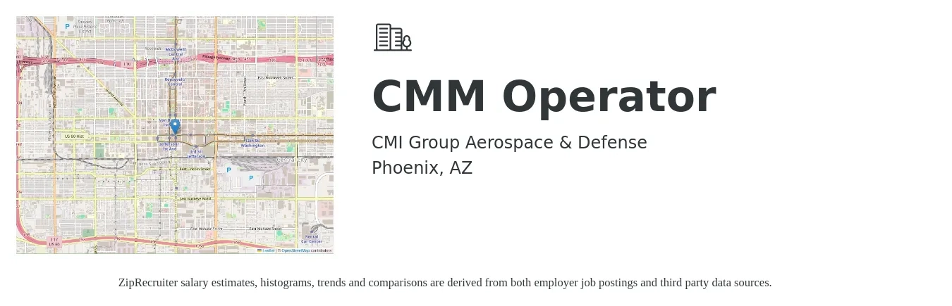 CMI Group Aerospace & Defense job posting for a CMM Operator in Phoenix, AZ with a salary of $19 to $27 Hourly with a map of Phoenix location.