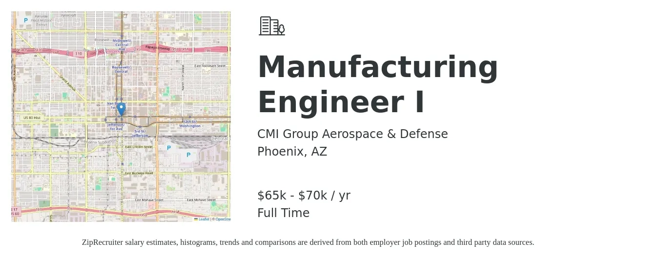 CMI Group Aerospace & Defense job posting for a Manufacturing Engineer I in Phoenix, AZ with a salary of $65,000 to $70,000 Yearly with a map of Phoenix location.