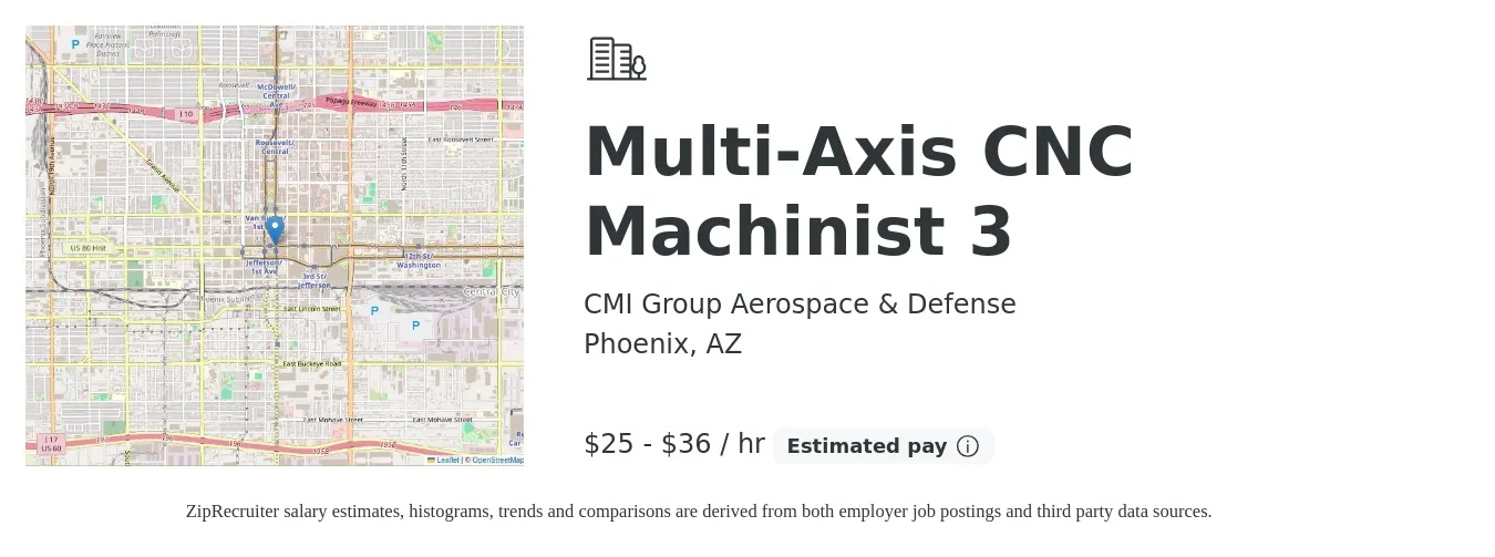 CMI Group Aerospace & Defense job posting for a Multi-Axis CNC Machinist 3 in Phoenix, AZ with a salary of $20 to $27 Hourly with a map of Phoenix location.