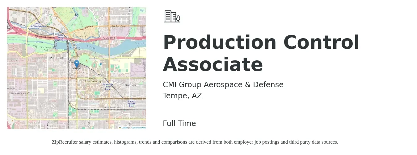 CMI Group Aerospace & Defense job posting for a Production Control Associate in Tempe, AZ with a salary of $14 to $18 Hourly with a map of Tempe location.