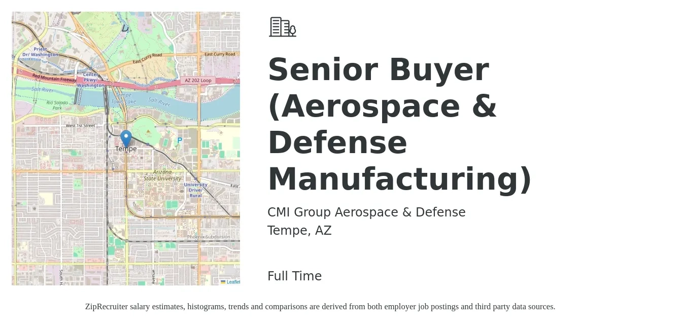 CMI Group Aerospace & Defense job posting for a Senior Buyer (Aerospace & Defense Manufacturing) in Tempe, AZ with a salary of $53,500 to $76,800 Yearly with a map of Tempe location.