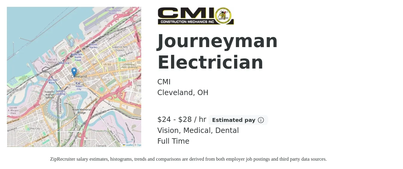 CMI job posting for a Journeyman Electrician in Cleveland, OH with a salary of $25 to $30 Hourly and benefits including medical, vision, dental, and life_insurance with a map of Cleveland location.