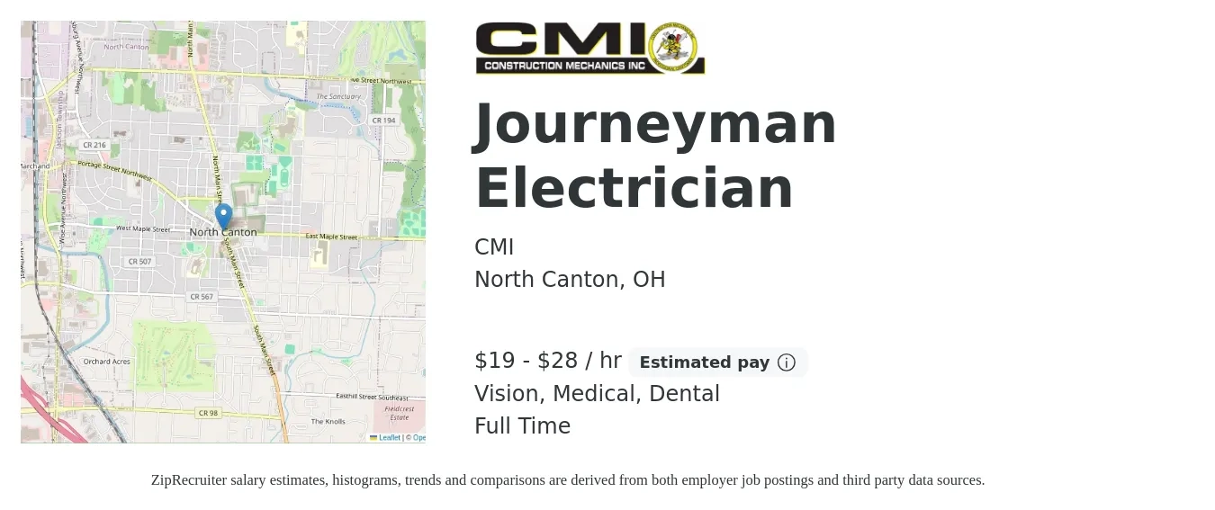 CMI job posting for a Journeyman Electrician in North Canton, OH with a salary of $20 to $30 Hourly and benefits including dental, life_insurance, medical, and vision with a map of North Canton location.