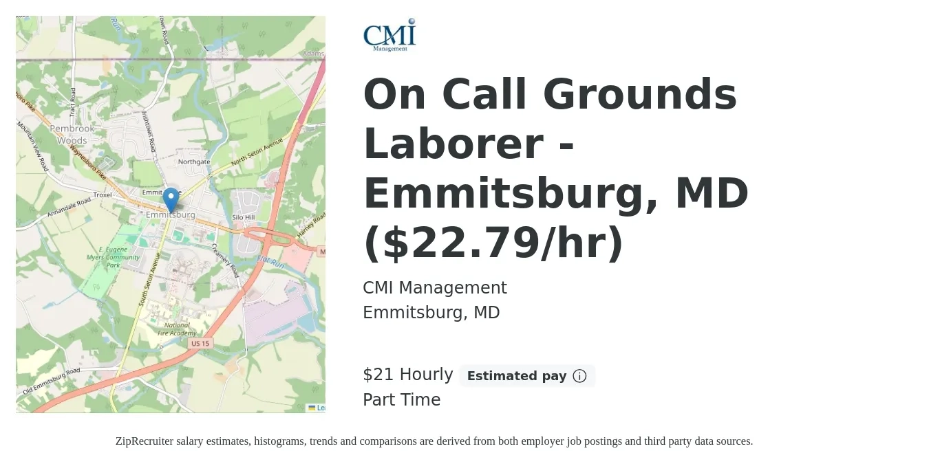 CMI Management job posting for a On Call Grounds Laborer - Emmitsburg, MD ($22.79/hr) in Emmitsburg, MD with a salary of $23 Hourly with a map of Emmitsburg location.
