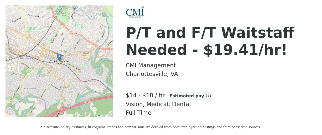 CMI Management job posting for a P/T and F/T Waitstaff Needed - $19.41/hr! in Charlottesville, VA with a salary of $15 to $19 Hourly and benefits including dental, life_insurance, medical, and vision with a map of Charlottesville location.