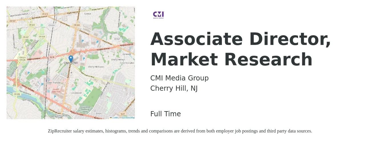 CMI Media Group job posting for a Associate Director, Market Research in Cherry Hill, NJ with a salary of $106,100 to $139,800 Yearly with a map of Cherry Hill location.
