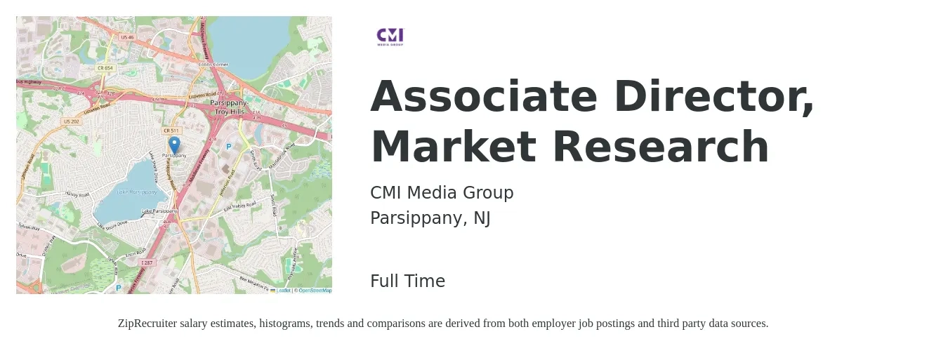 CMI Media Group job posting for a Associate Director, Market Research in Parsippany, NJ with a salary of $107,600 to $141,800 Yearly with a map of Parsippany location.