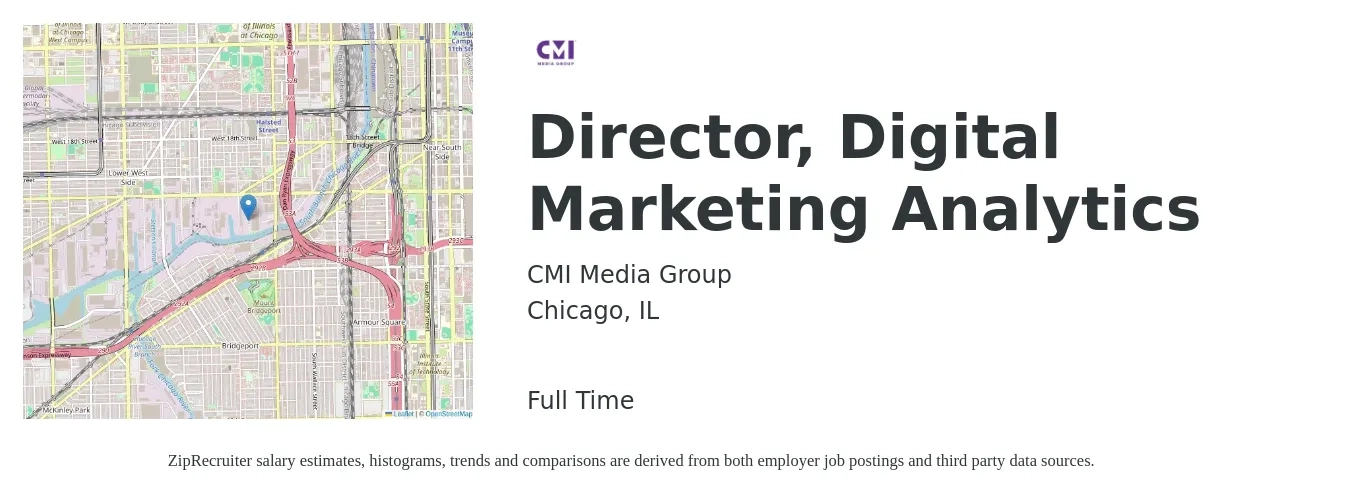 CMI Media Group job posting for a Director, Digital Marketing Analytics in Chicago, IL with a salary of $89,100 to $154,500 Yearly with a map of Chicago location.