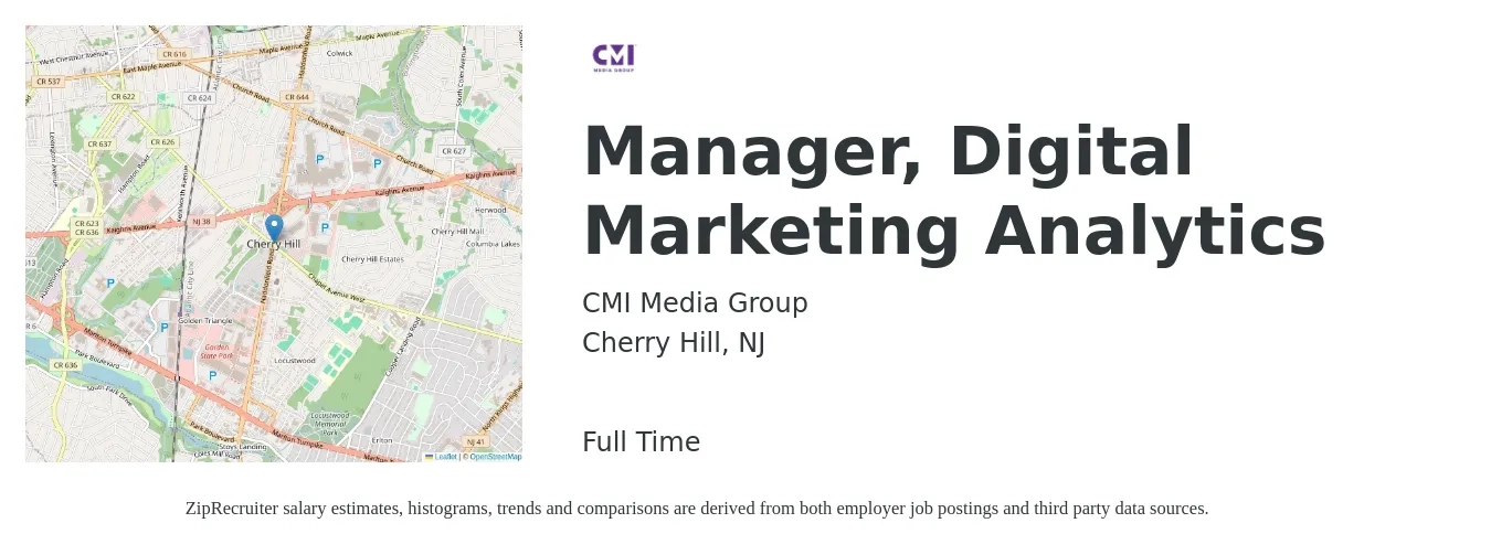 CMI Media Group job posting for a Manager, Digital Marketing Analytics in Cherry Hill, NJ with a salary of $67,900 to $99,100 Yearly with a map of Cherry Hill location.
