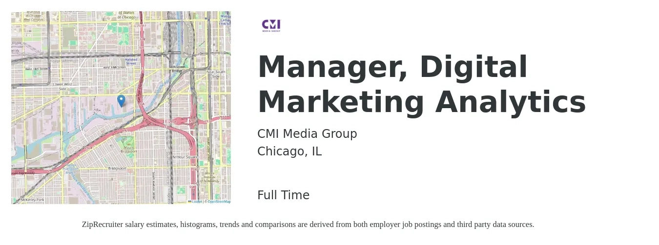 CMI Media Group job posting for a Manager, Digital Marketing Analytics in Chicago, IL with a salary of $70,500 to $103,000 Yearly with a map of Chicago location.