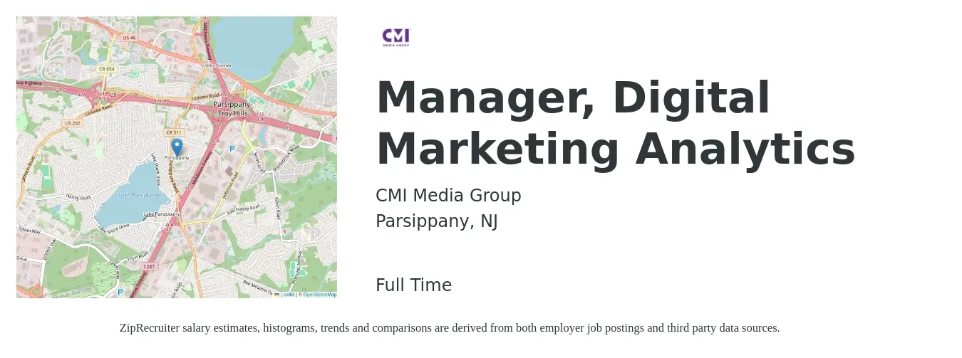 CMI Media Group job posting for a Manager, Digital Marketing Analytics in Parsippany, NJ with a salary of $68,900 to $100,600 Yearly with a map of Parsippany location.