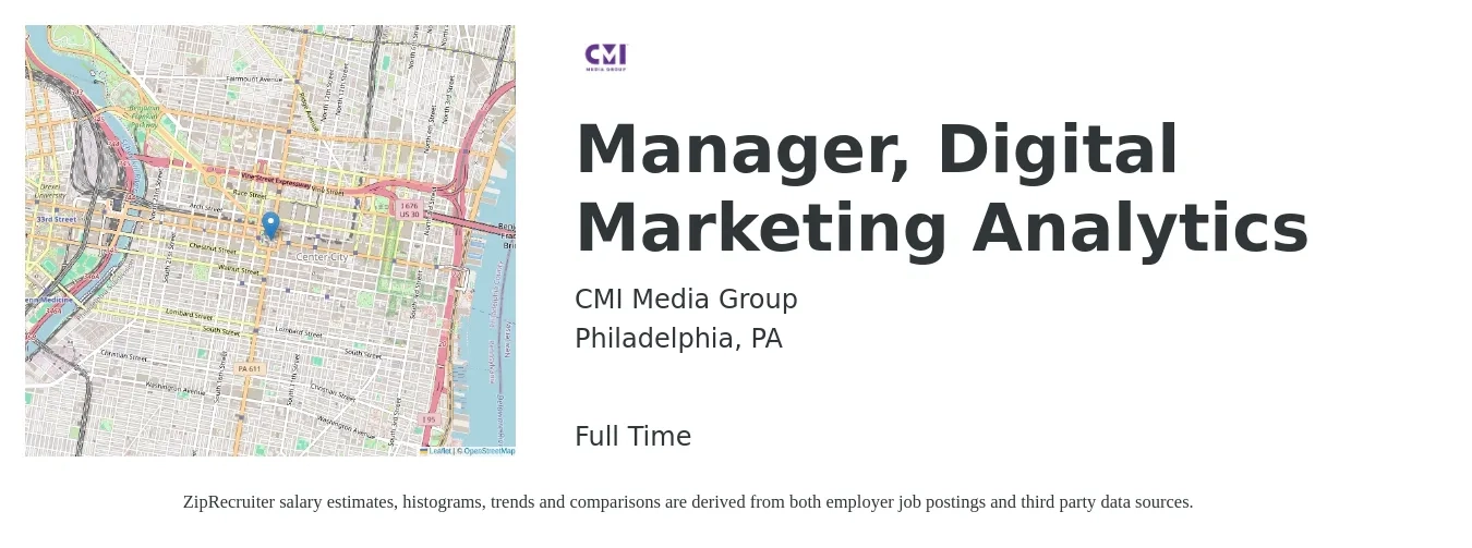 CMI Media Group job posting for a Manager, Digital Marketing Analytics in Philadelphia, PA with a salary of $65,500 to $95,600 Yearly with a map of Philadelphia location.