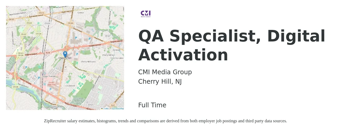 CMI Media Group job posting for a QA Specialist, Digital Activation in Cherry Hill, NJ with a salary of $56,500 to $83,800 Yearly with a map of Cherry Hill location.