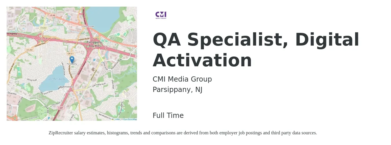 CMI Media Group job posting for a QA Specialist, Digital Activation in Parsippany, NJ with a salary of $57,300 to $85,000 Yearly with a map of Parsippany location.