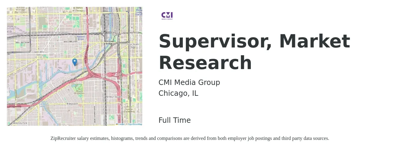 CMI Media Group job posting for a Supervisor, Market Research in Chicago, IL with a salary of $92,200 to $143,700 Yearly with a map of Chicago location.