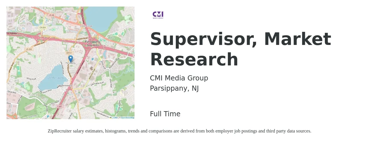CMI Media Group job posting for a Supervisor, Market Research in Parsippany, NJ with a salary of $90,000 to $140,300 Yearly with a map of Parsippany location.
