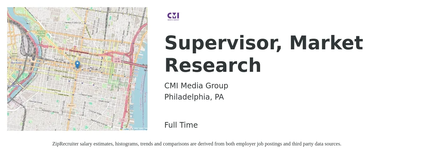 CMI Media Group job posting for a Supervisor, Market Research in Philadelphia, PA with a salary of $85,500 to $133,300 Yearly with a map of Philadelphia location.