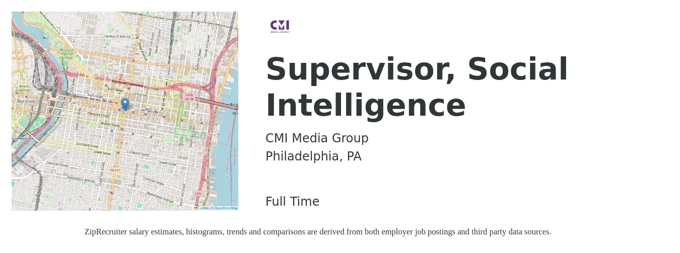 CMI Media Group job posting for a Supervisor, Social Intelligence in Philadelphia, PA with a salary of $56,900 to $84,100 Yearly with a map of Philadelphia location.