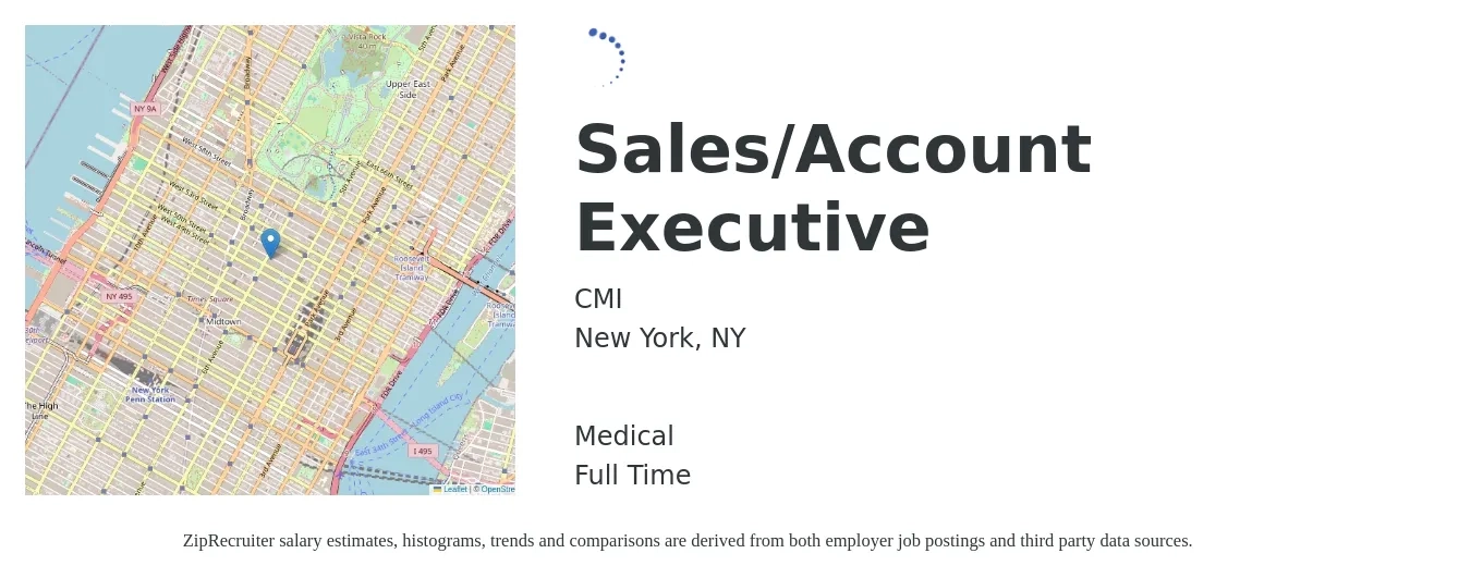 CMI job posting for a Sales/Account Executive in New York, NY with a salary of $58,500 to $91,900 Yearly and benefits including medical with a map of New York location.