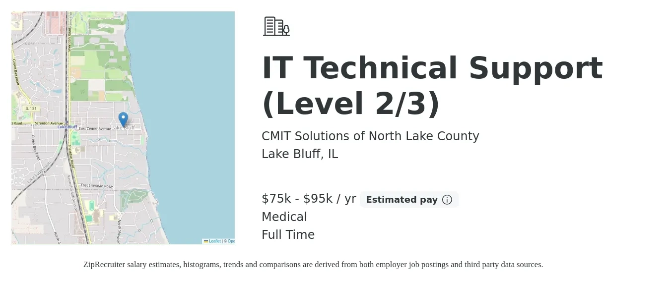 CMIT Solutions of North Lake County job posting for a IT Technical Support (Level 2/3) in Lake Bluff, IL with a salary of $75,000 to $95,000 Yearly and benefits including medical, pto, and retirement with a map of Lake Bluff location.