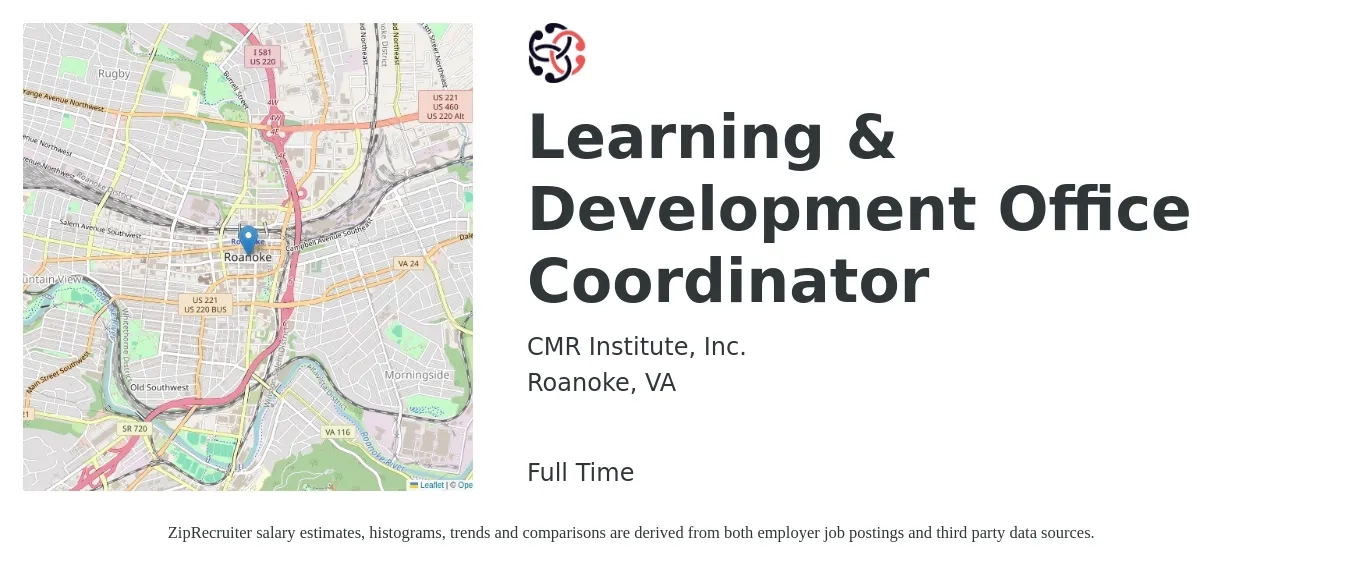 CMR Institute, Inc. job posting for a Learning & Development Office Coordinator in Roanoke, VA with a salary of $23 to $37 Hourly with a map of Roanoke location.