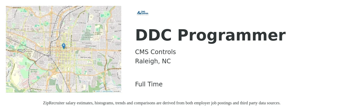 CMS Controls job posting for a DDC Programmer in Raleigh, NC with a salary of $26 to $35 Hourly with a map of Raleigh location.
