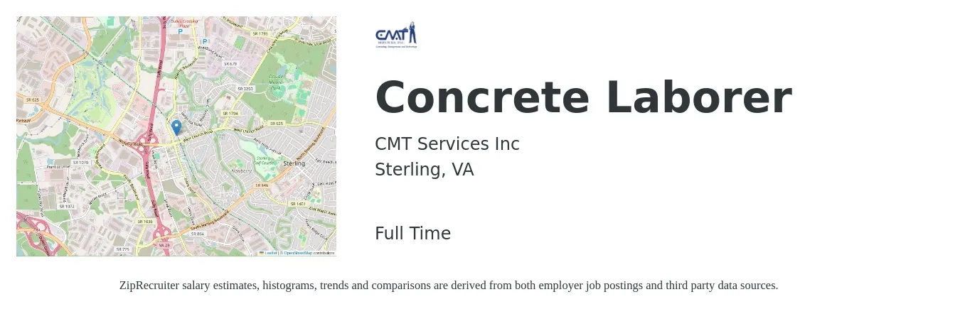 CMT Services Inc job posting for a Concrete Laborer in Sterling, VA with a salary of $18 to $25 Hourly with a map of Sterling location.