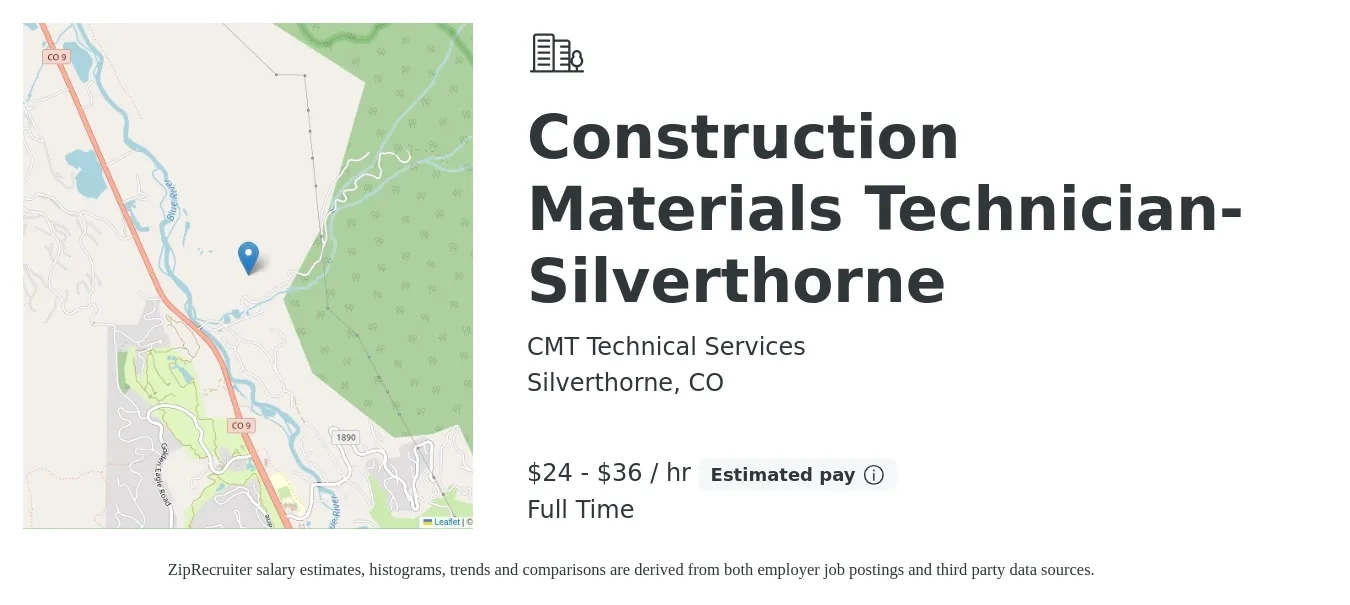 CMT Technical Services job posting for a Construction Materials Technician-Silverthorne in Silverthorne, CO with a salary of $25 to $38 Hourly with a map of Silverthorne location.