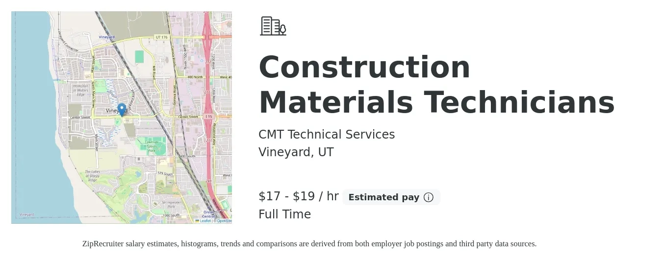 CMT Technical Services job posting for a Construction Materials Technicians in Vineyard, UT with a salary of $18 to $20 Hourly with a map of Vineyard location.