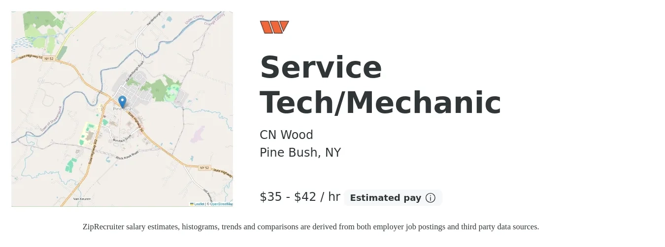 CN Wood job posting for a Service Tech/Mechanic in Pine Bush, NY with a salary of $37 to $44 Hourly with a map of Pine Bush location.