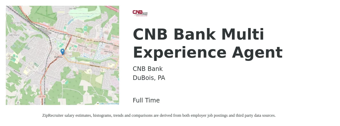 CNB Bank job posting for a CNB Bank Multi Experience Agent in DuBois, PA with a salary of $14 to $18 Hourly with a map of DuBois location.