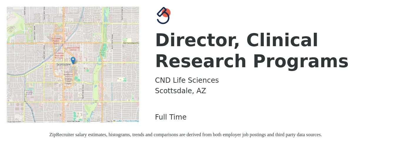 CND Life Sciences job posting for a Director, Clinical Research Programs in Scottsdale, AZ with a salary of $34 to $75 Hourly with a map of Scottsdale location.