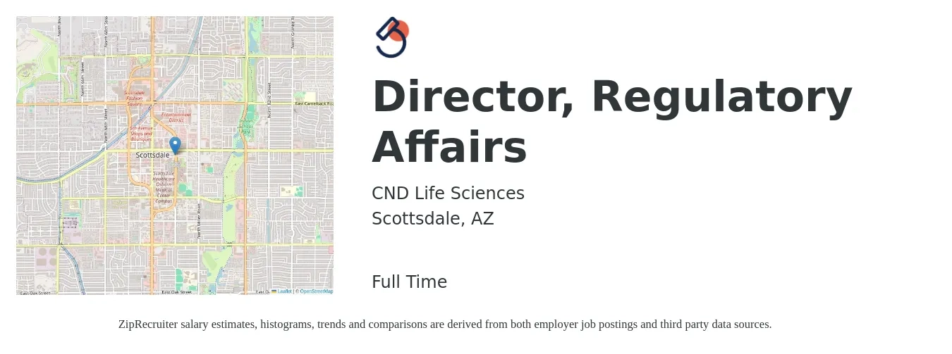 CND Life Sciences job posting for a Director, Regulatory Affairs in Scottsdale, AZ with a salary of $151,300 to $199,700 Yearly with a map of Scottsdale location.
