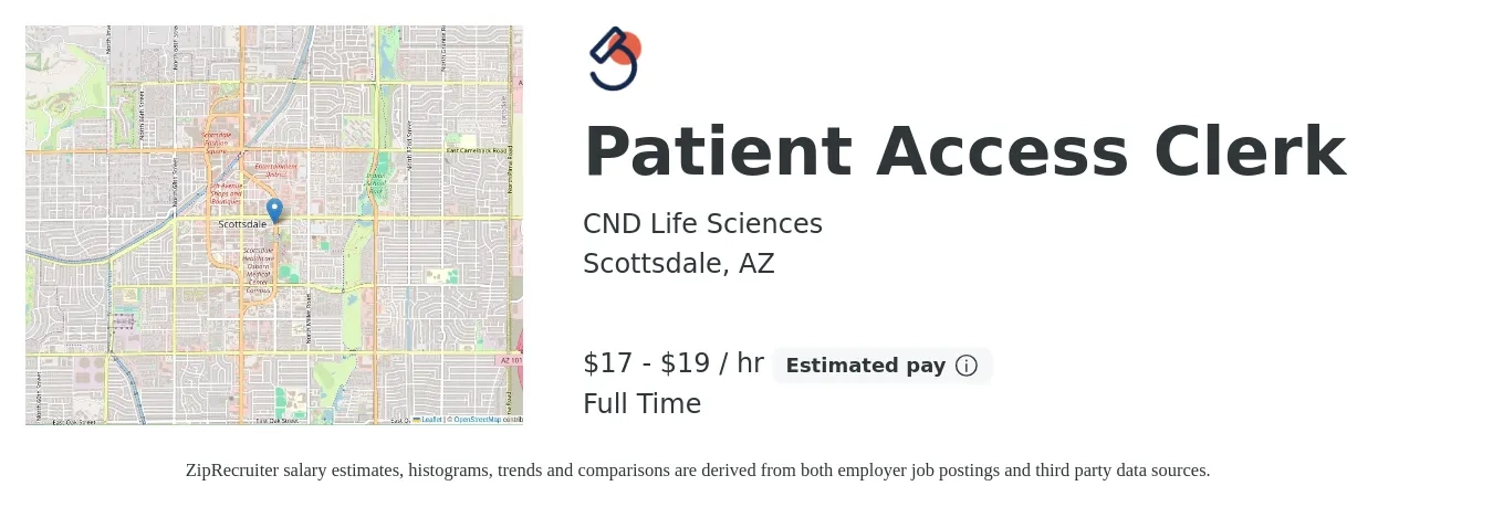 CND Life Sciences job posting for a Patient Access Clerk in Scottsdale, AZ with a salary of $37,000 to $42,000 Yearly with a map of Scottsdale location.