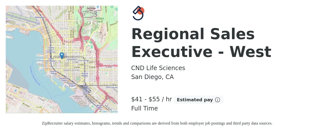 CND Life Sciences job posting for a Regional Sales Executive - West in San Diego, CA with a salary of $43 to $58 Hourly with a map of San Diego location.