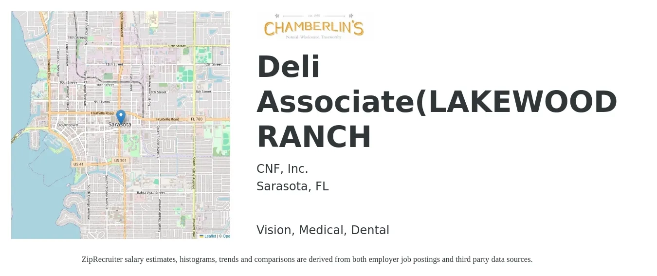 CNF, Inc. job posting for a Deli Associate(LAKEWOOD RANCH) in Sarasota, FL with a salary of $14 to $16 Hourly and benefits including dental, life_insurance, medical, pto, retirement, and vision with a map of Sarasota location.
