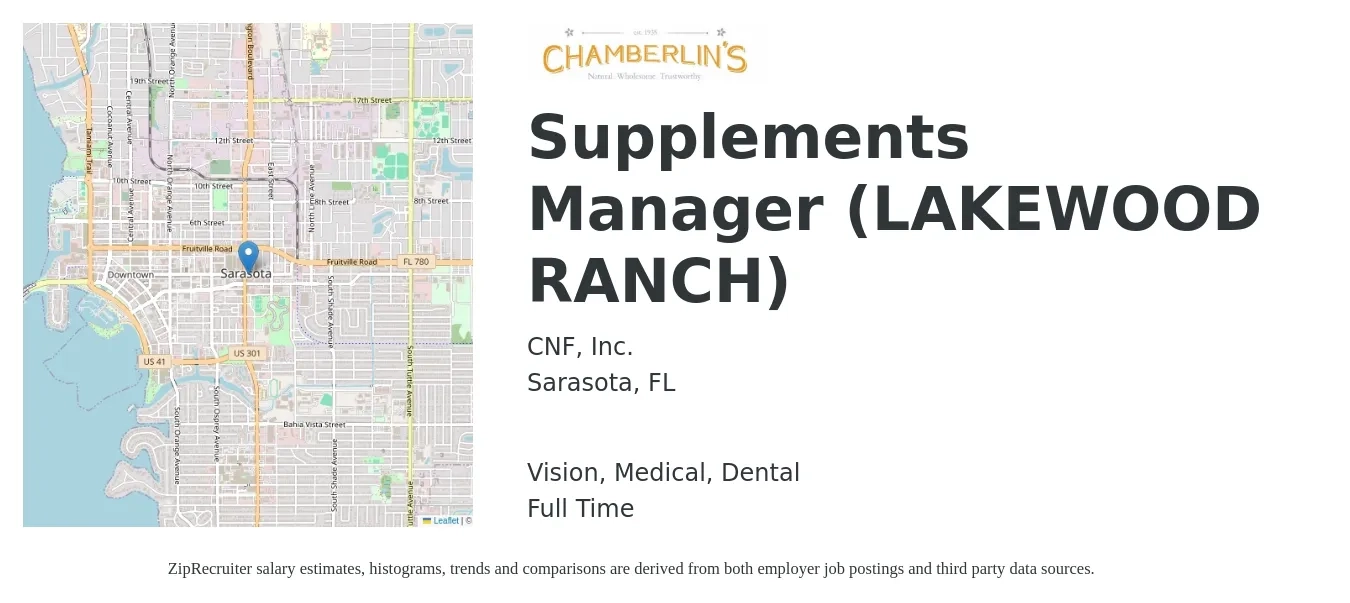 CNF, Inc. job posting for a Supplements Manager (LAKEWOOD RANCH) in Sarasota, FL with a salary of $42,400 to $66,500 Yearly and benefits including vision, dental, life_insurance, medical, and retirement with a map of Sarasota location.