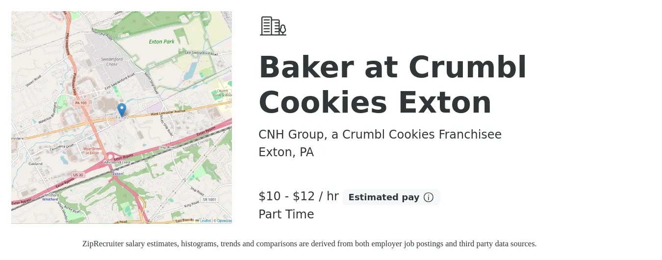 CNH Group, a Crumbl Cookies Franchisee job posting for a Baker at Crumbl Cookies Exton in Exton, PA with a salary of $11 to $13 Hourly with a map of Exton location.