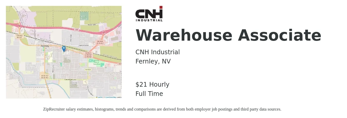 CNH Industrial job posting for a Warehouse Associate in Fernley, NV with a salary of $22 Hourly with a map of Fernley location.