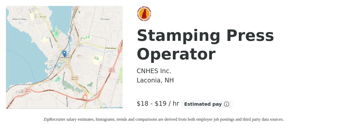 CNHES Inc. job posting for a Stamping Press Operator in Laconia, NH with a salary of $19 to $20 Hourly with a map of Laconia location.