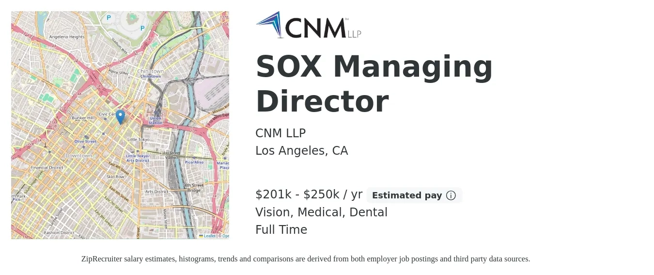 CNM LLP job posting for a SOX Managing Director in Los Angeles, CA with a salary of $201,000 to $250,000 Yearly and benefits including medical, pto, retirement, vision, dental, and life_insurance with a map of Los Angeles location.
